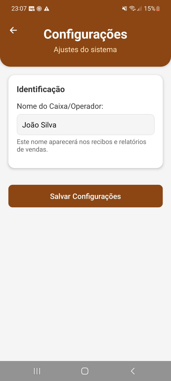 Tela de configurações