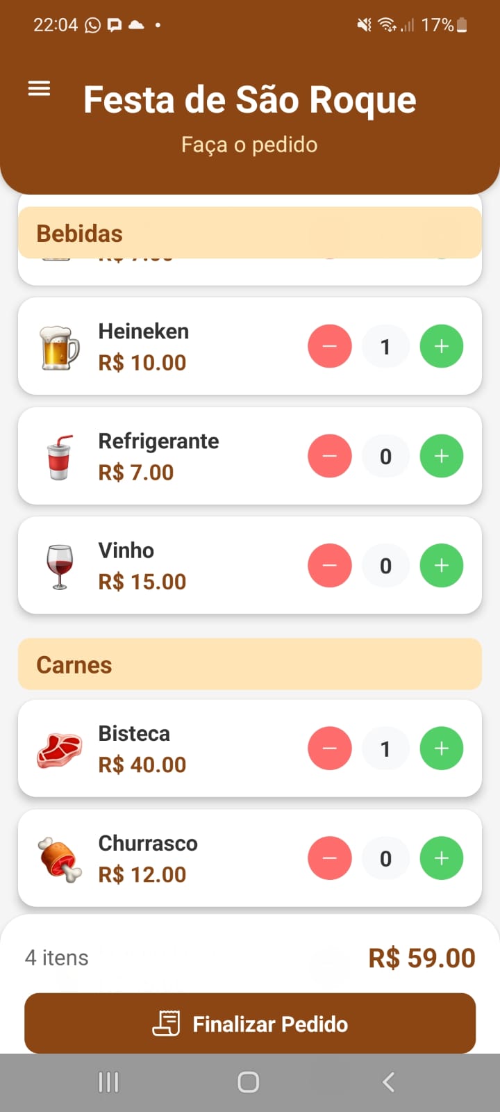 Tela de seleção de pedido