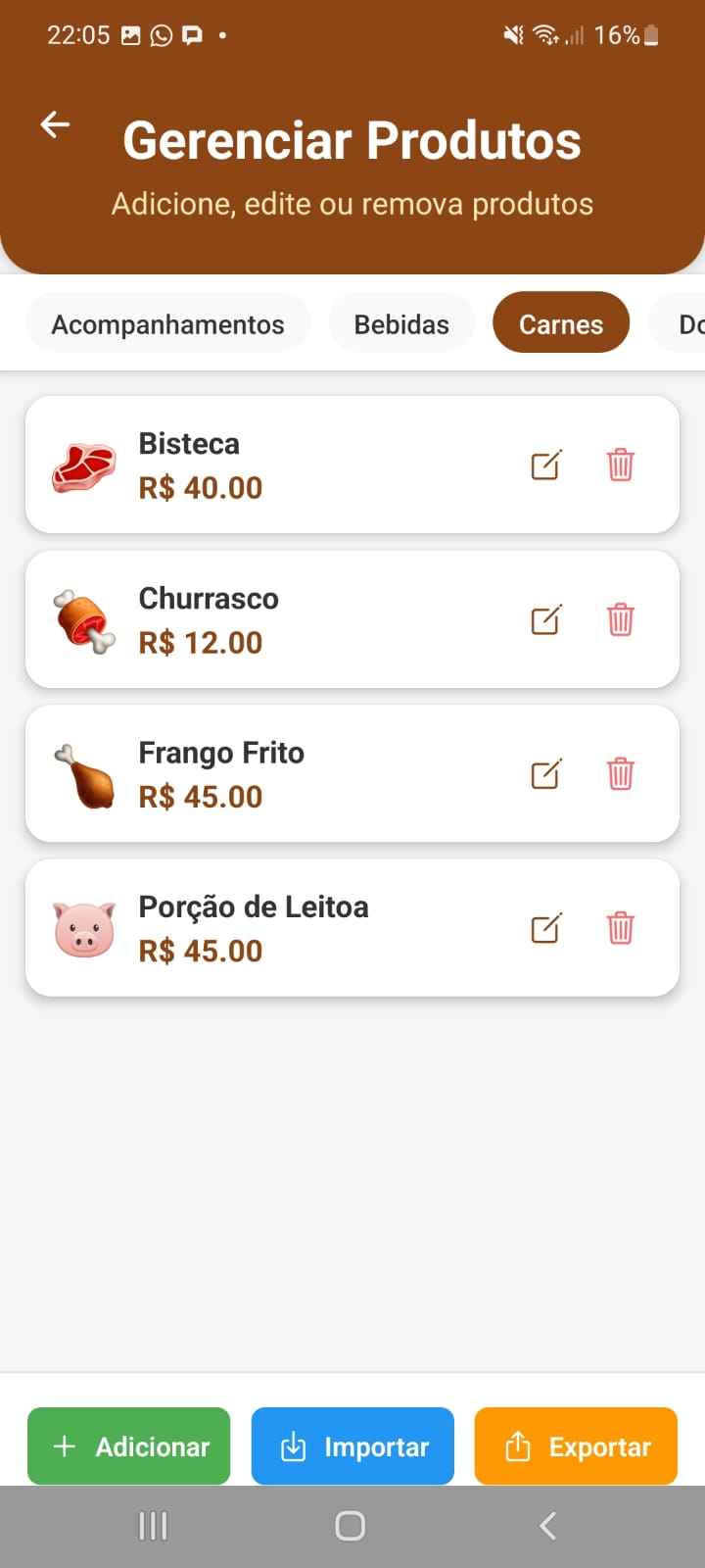 Tela gerenciamento de produto